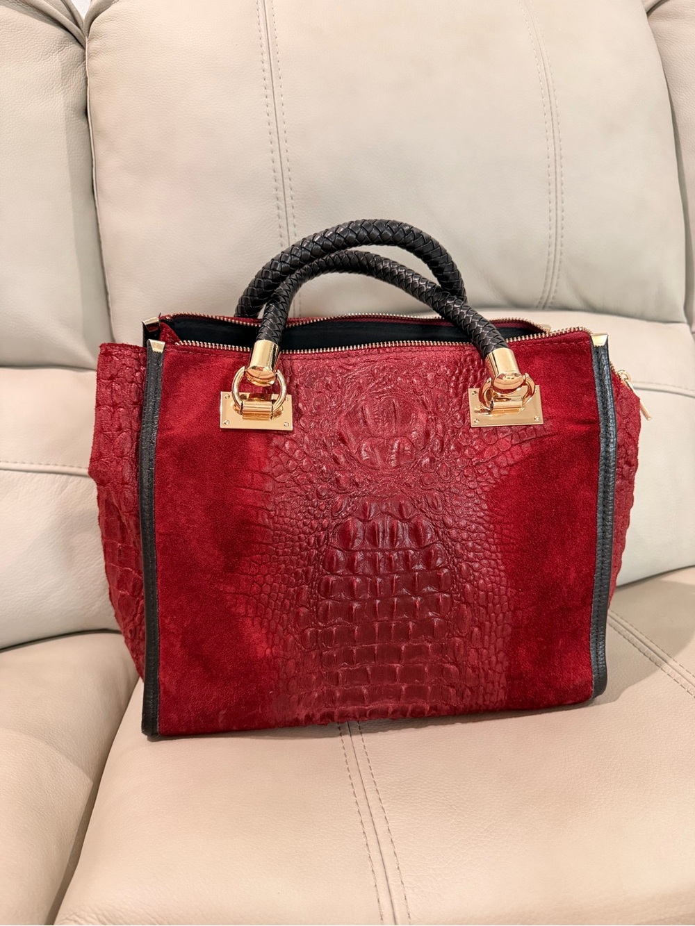 Borse in Pelle Red Crocodile Embossed Satchel w/Black Handles leather Italy
